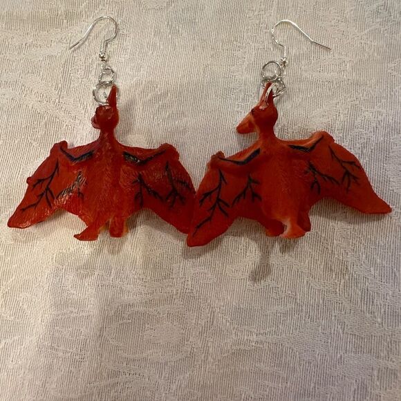 Earrings Pierced Dinosaur Silver Dangly Exaggerated Handmade Costume Jewelry - Picture 2 of 10